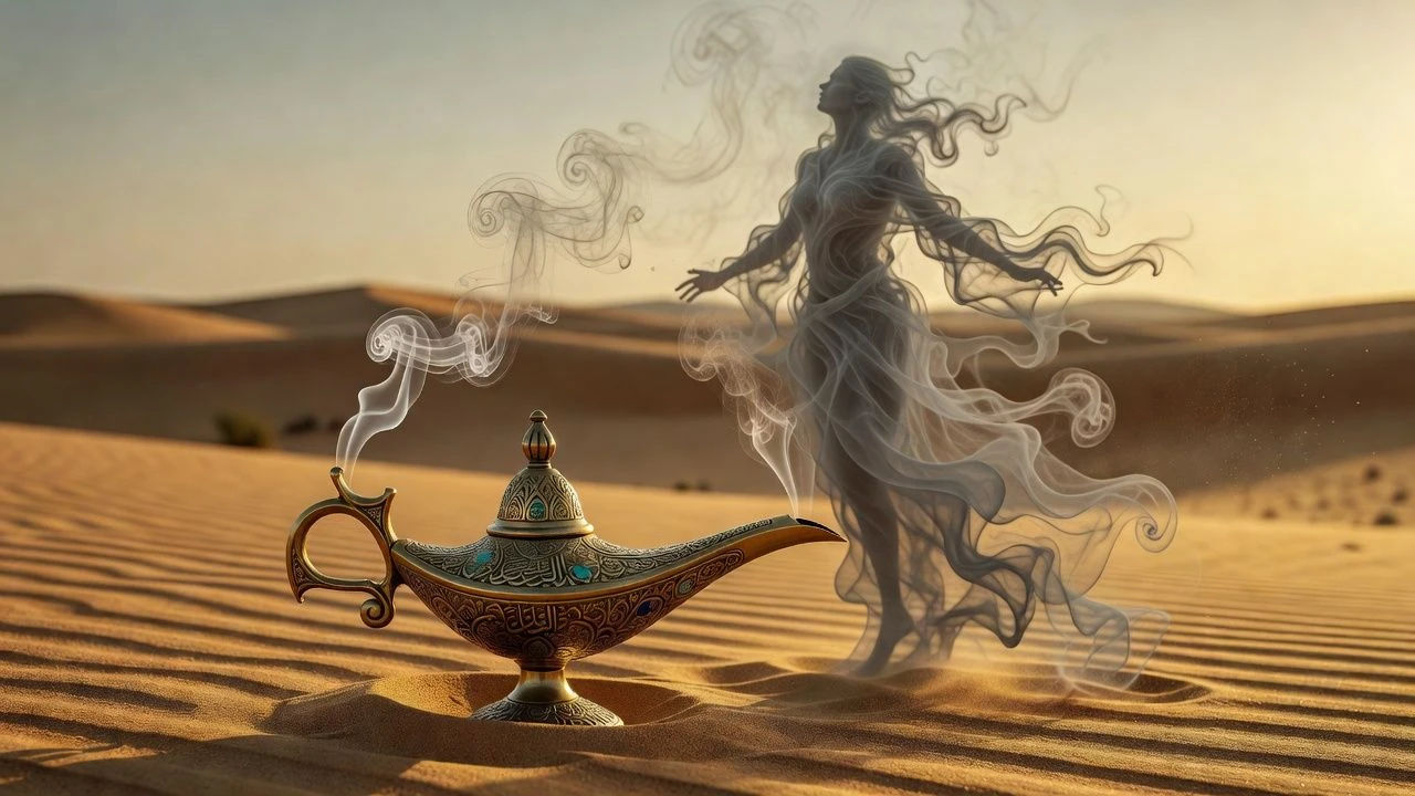 Ornate lamp on sand with a smoky figure curling upward