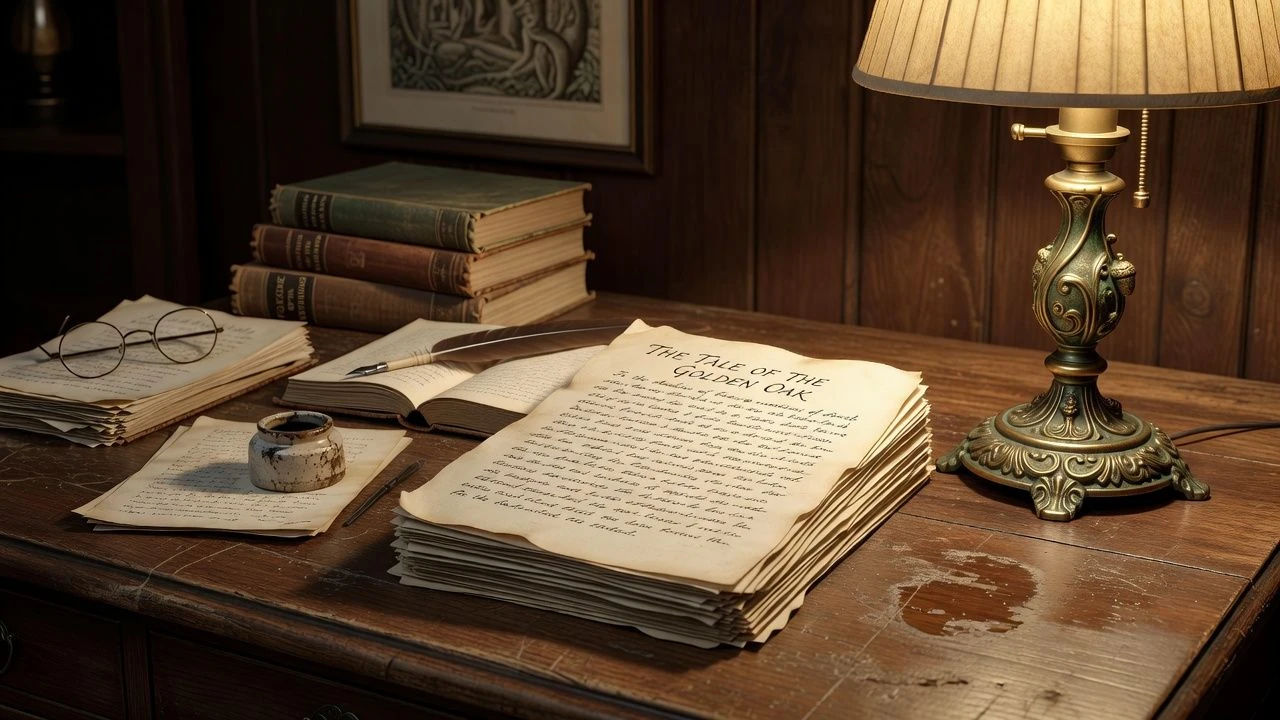 Studio desk with a folktale script beside a brass lamp