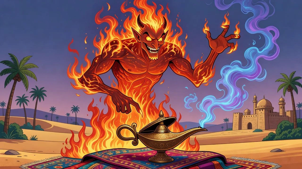 Cartoon ifrit wreathed in flame gesturing over an open lamp