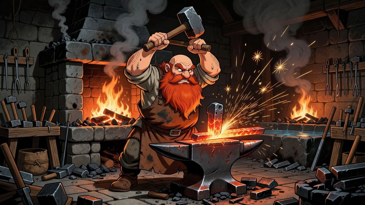 Cartoon dwarf hammering glowing metal at a forge
