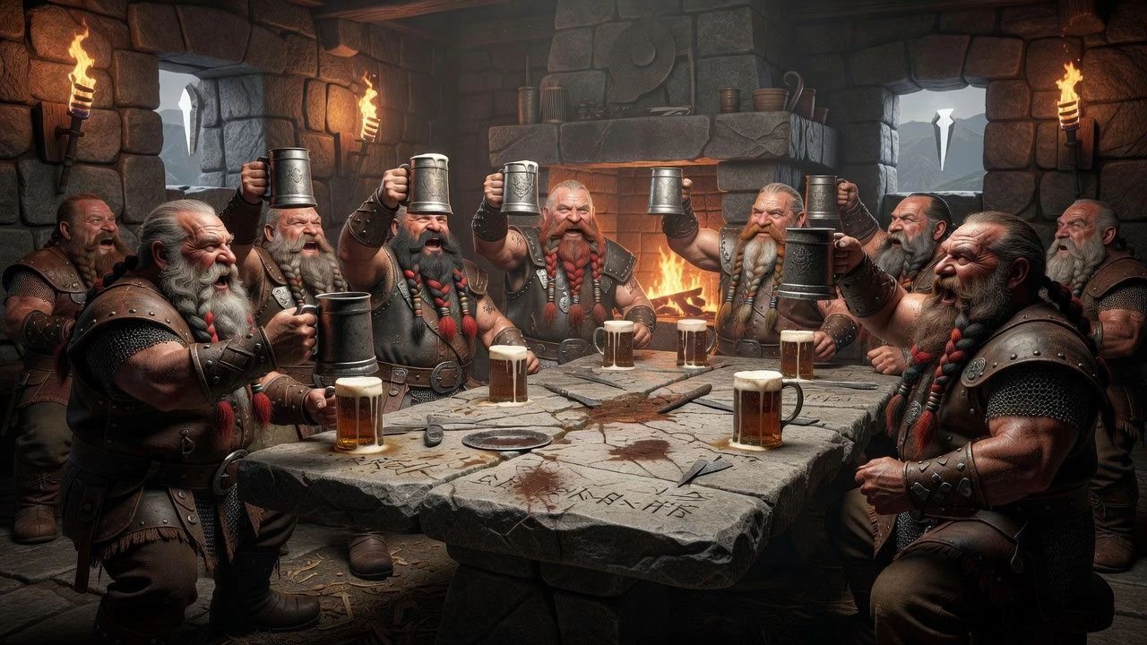 Dwarves raising tankards around a long stone tavern table