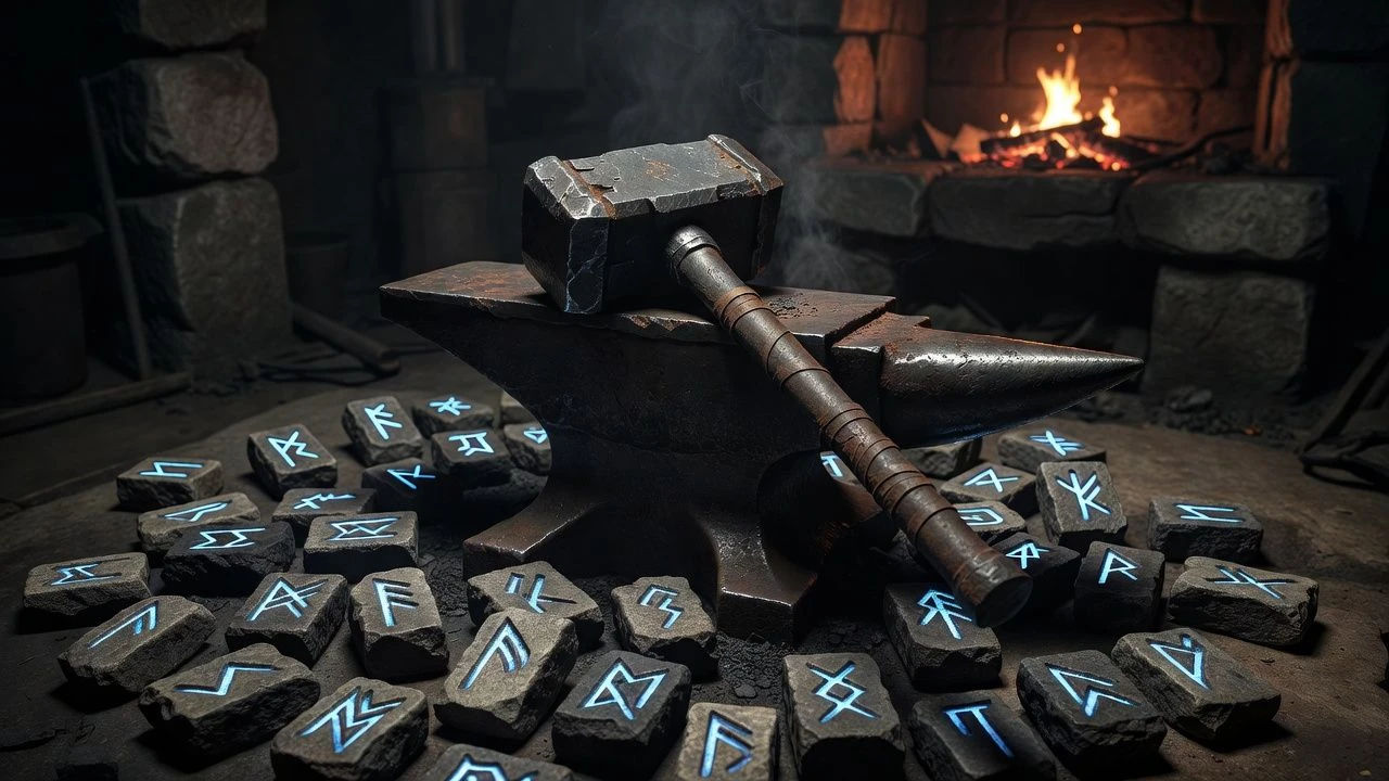 Carved stone runes and a heavy warhammer on an anvil