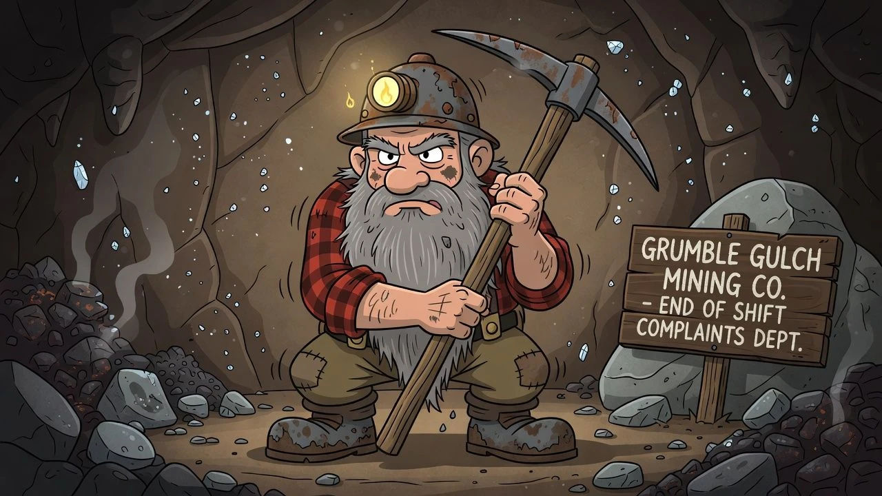 Grumbling old cartoon miner dwarf leaning on a pickaxe