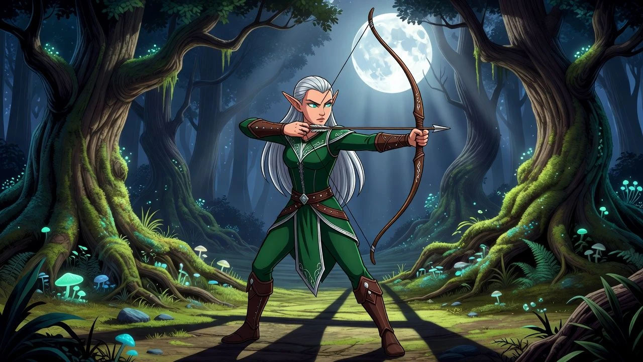 Cartoon high elf drawing a bow in a moonlit forest