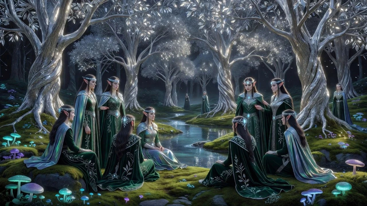 Elven court gathered beneath silver trees in a glade