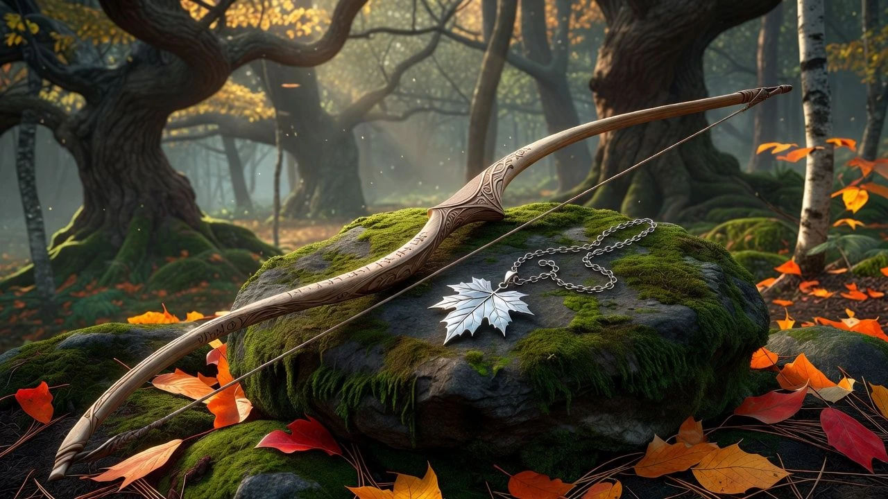 Elven bow and silver leaf pendant resting on mossy stone