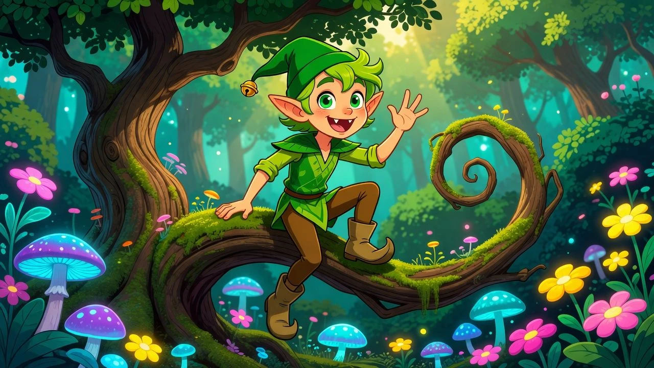 Playful cartoon sprite elf perched on a curling branch