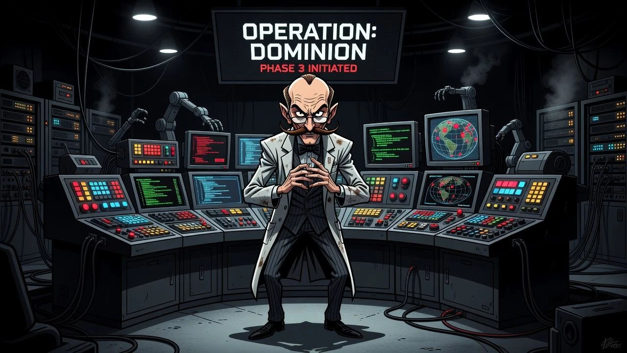 Cartoon mastermind steepling fingers in a shadowed control room