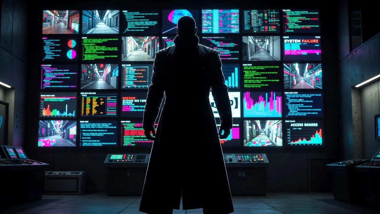 Villain silhouette lit by a wall of glowing screens