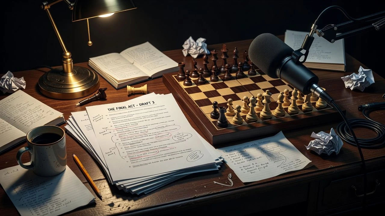 Script pages on a desk beside a chess set and a microphone