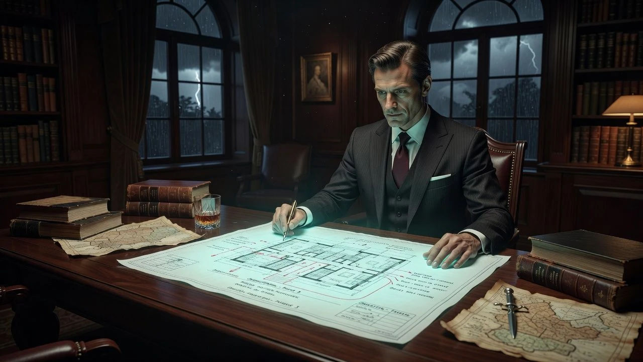 Elegant schemer studying a glowing plan across a long table