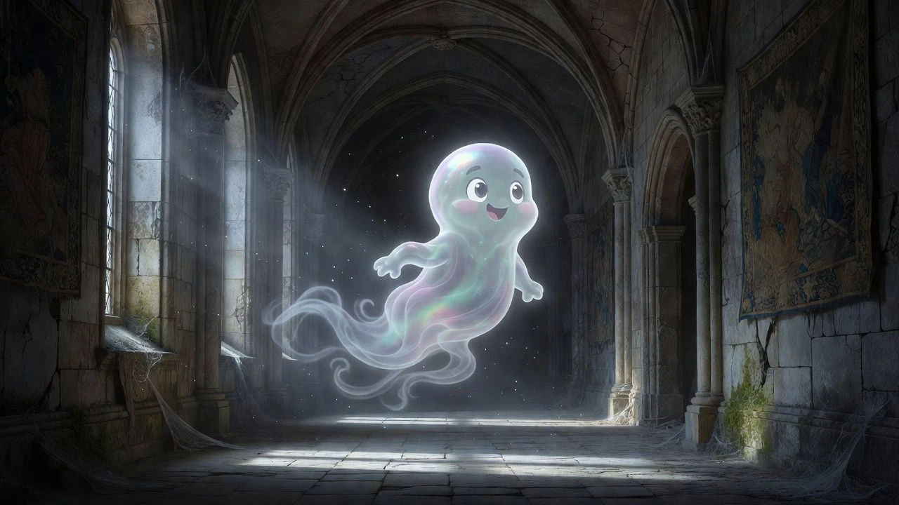 Translucent cartoon spirit drifting through a moonlit corridor