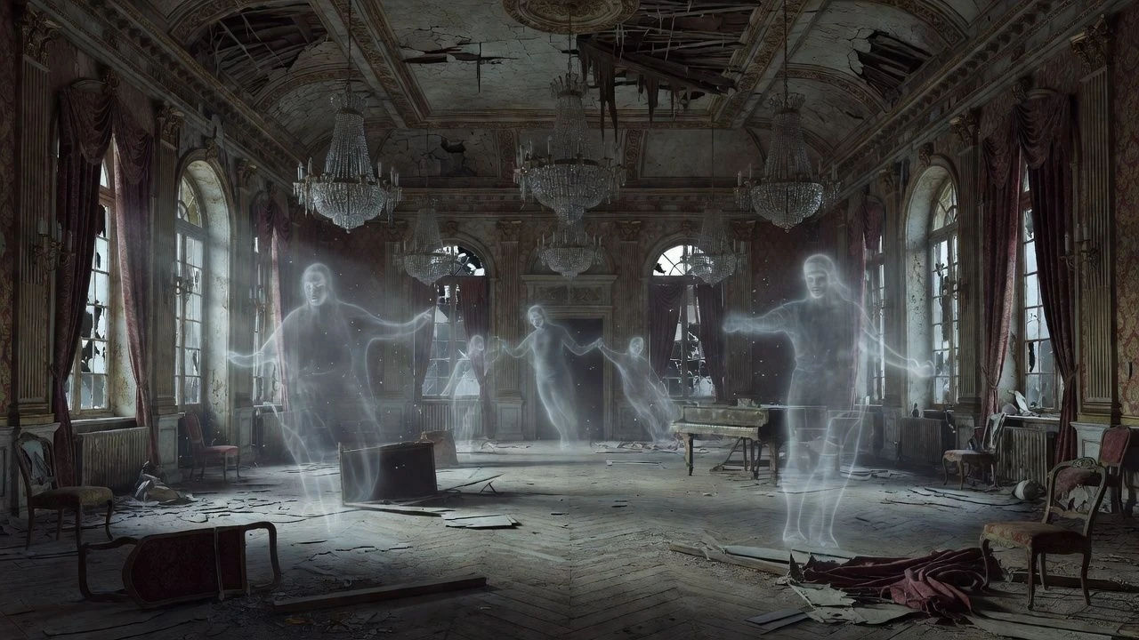 Several faint ghostly figures hovering in an abandoned ballroom