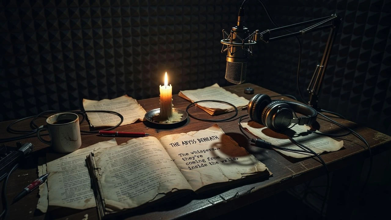 Dim recording desk with a horror script and a candle