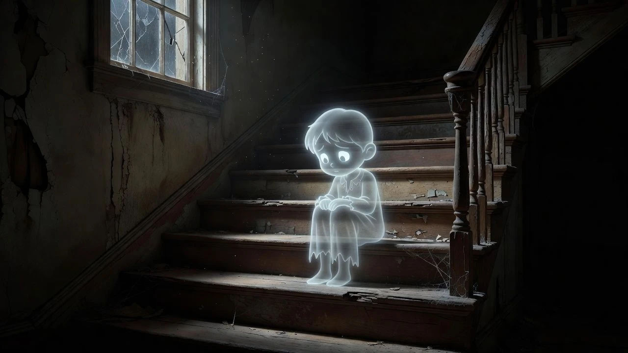 Faint cartoon child ghost sitting alone on old stairs