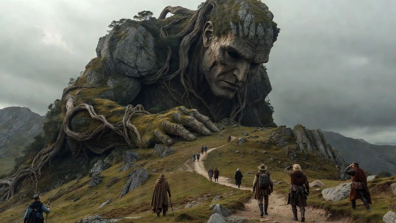 Colossal giant towering over tiny travelers on a hillside