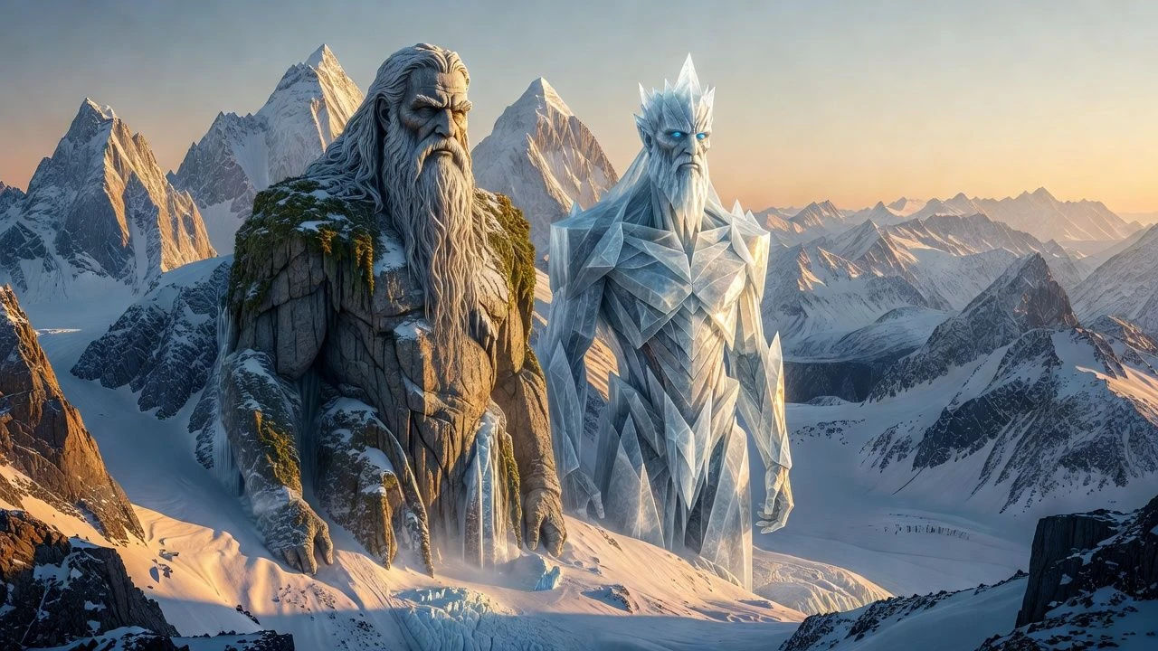 Two enormous giants standing among snow-capped peaks