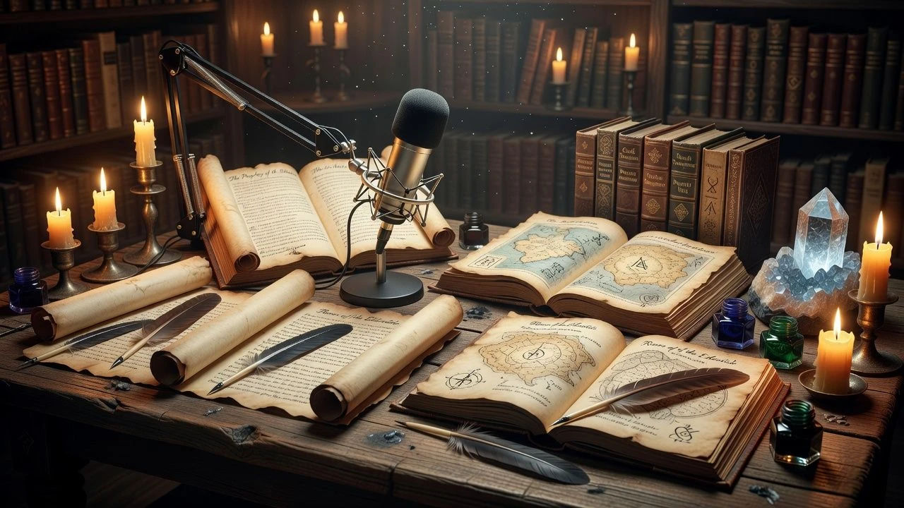 Fantasy lore notes beside a microphone on a broad table