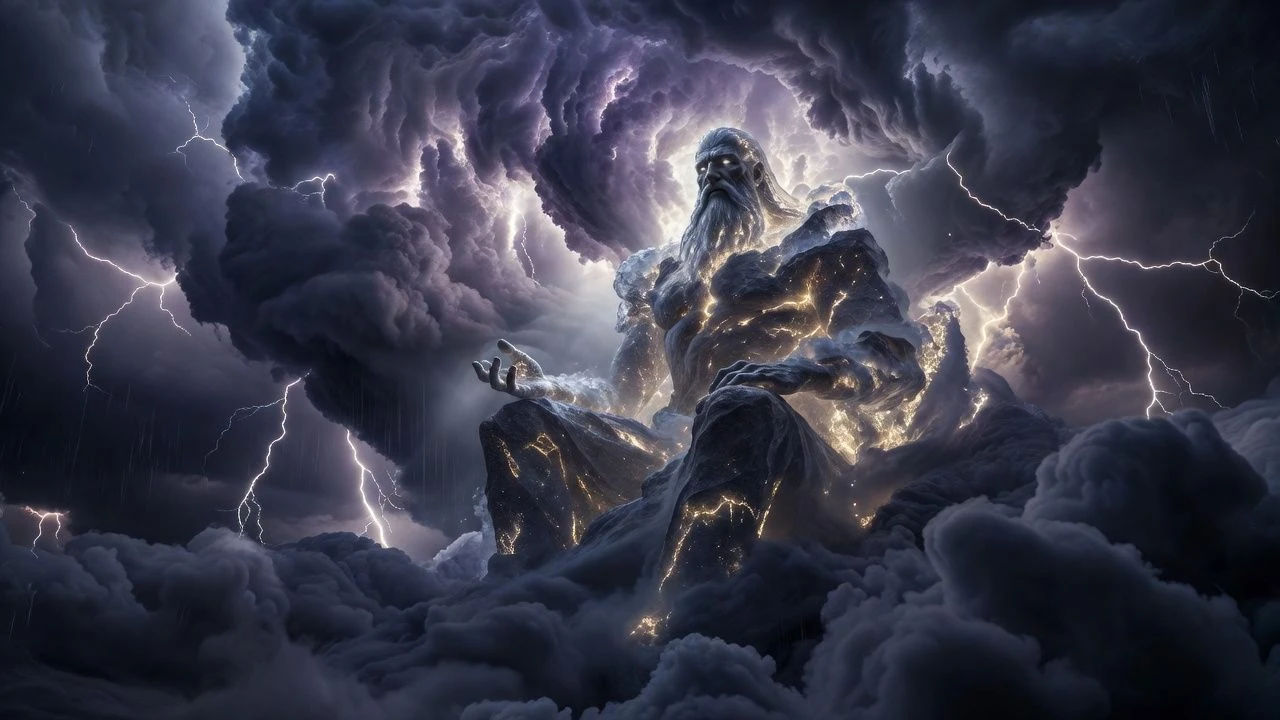 Ancient sky titan seated among rolling storm clouds