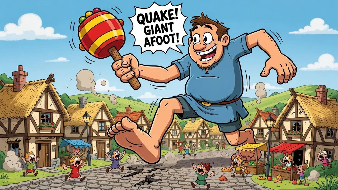 Colossal cartoon giant mid-stride shaking a village street