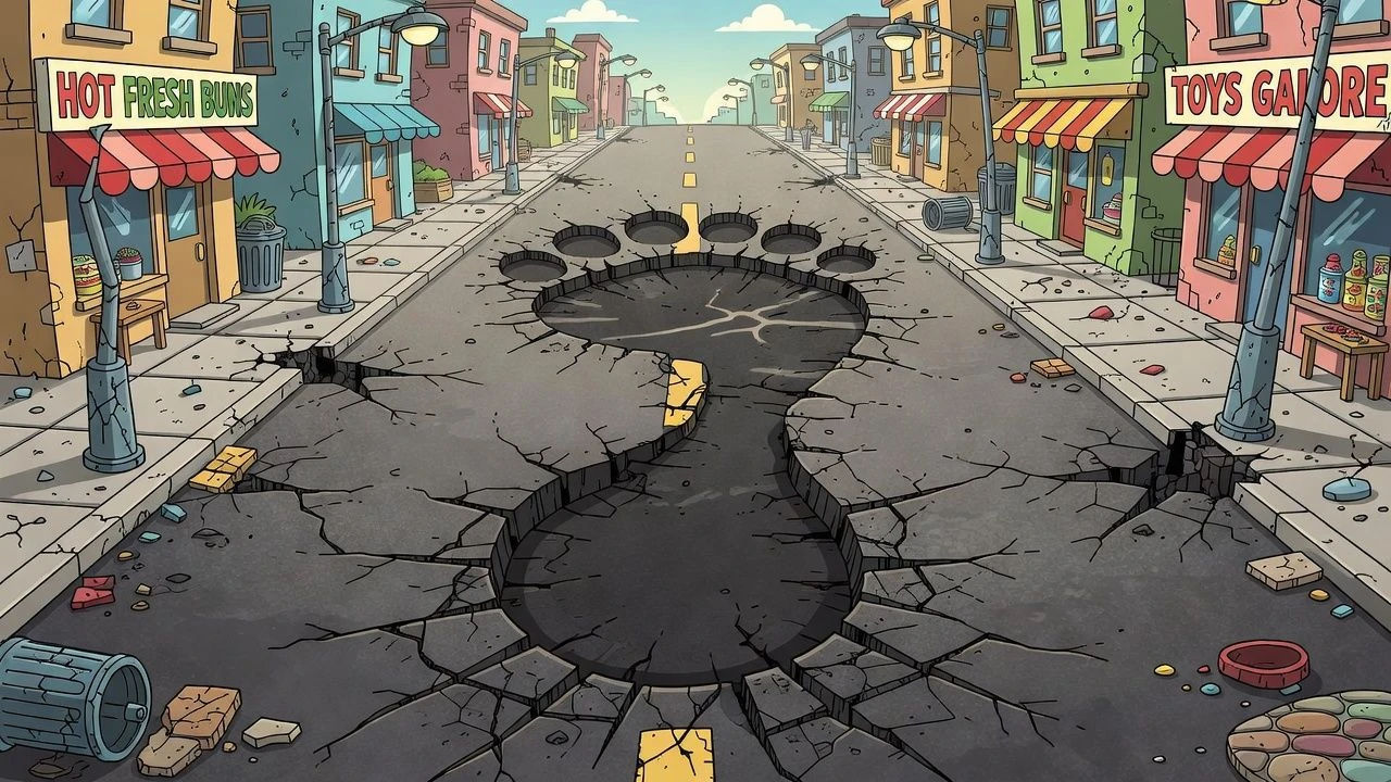 Cracked cartoon street with a huge footprint pressed into it
