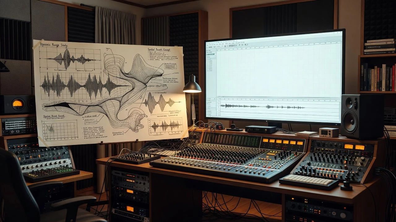 Sound design desk with a giant concept sketch and waveform screen