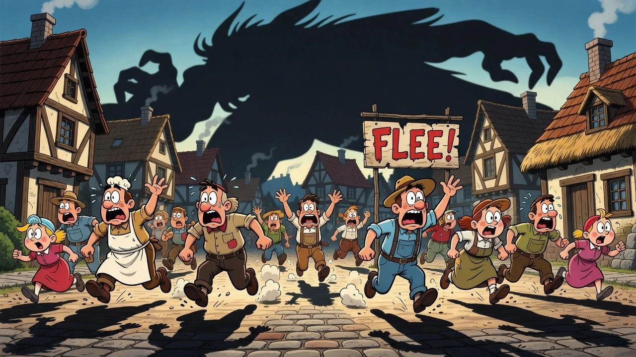 Cartoon townsfolk fleeing as a giant shadow looms over them