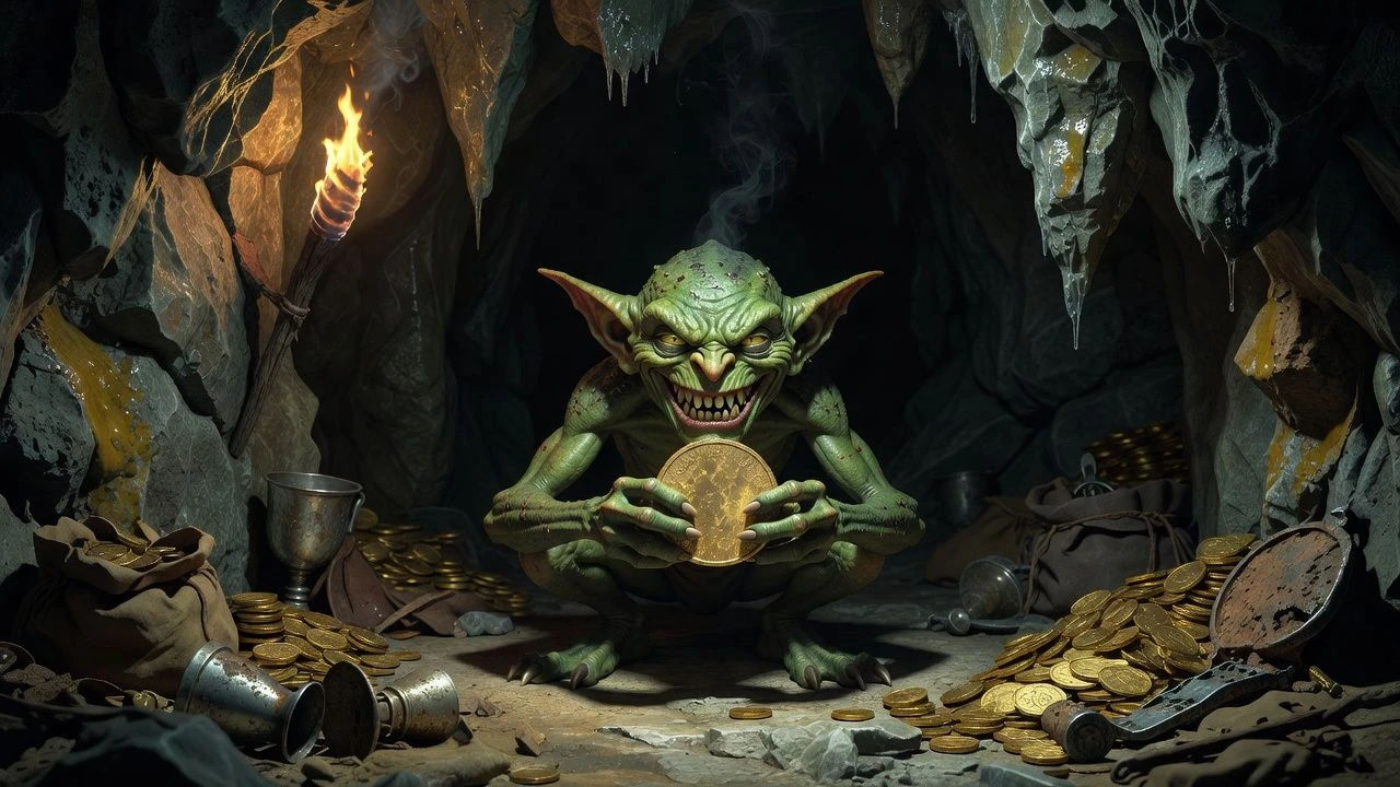 Grinning green goblin clutching a coin in a dim cave