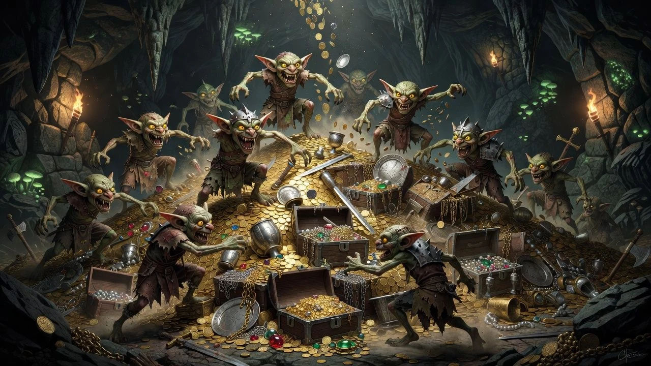 Pack of small goblins scrambling over a pile of loot