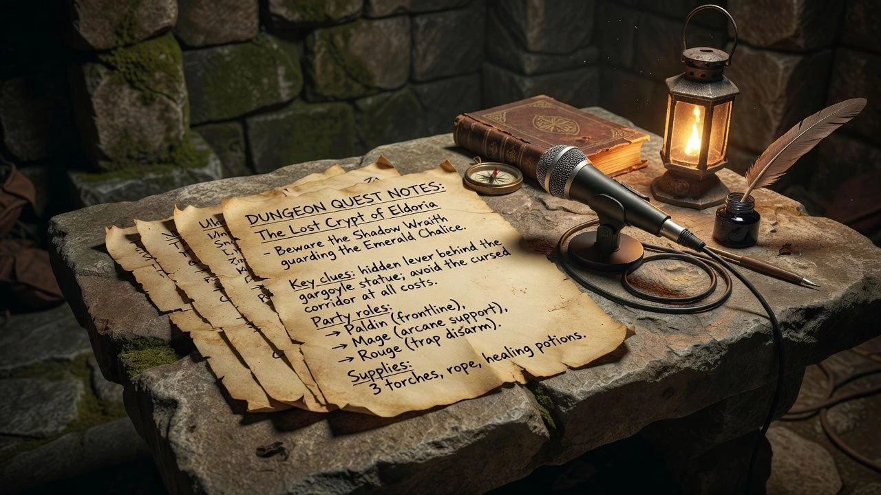 Dungeon quest notes beside a microphone on a stone table