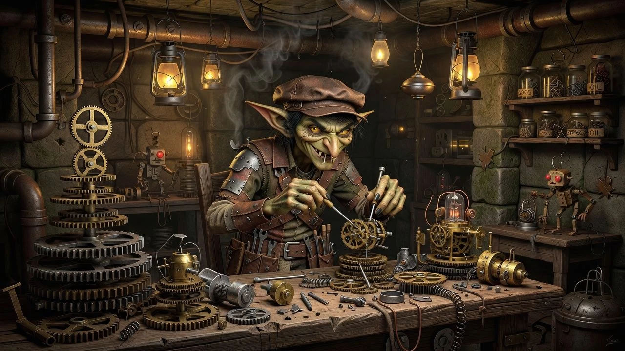 Sly goblin tinkerer surrounded by gears and gadgets