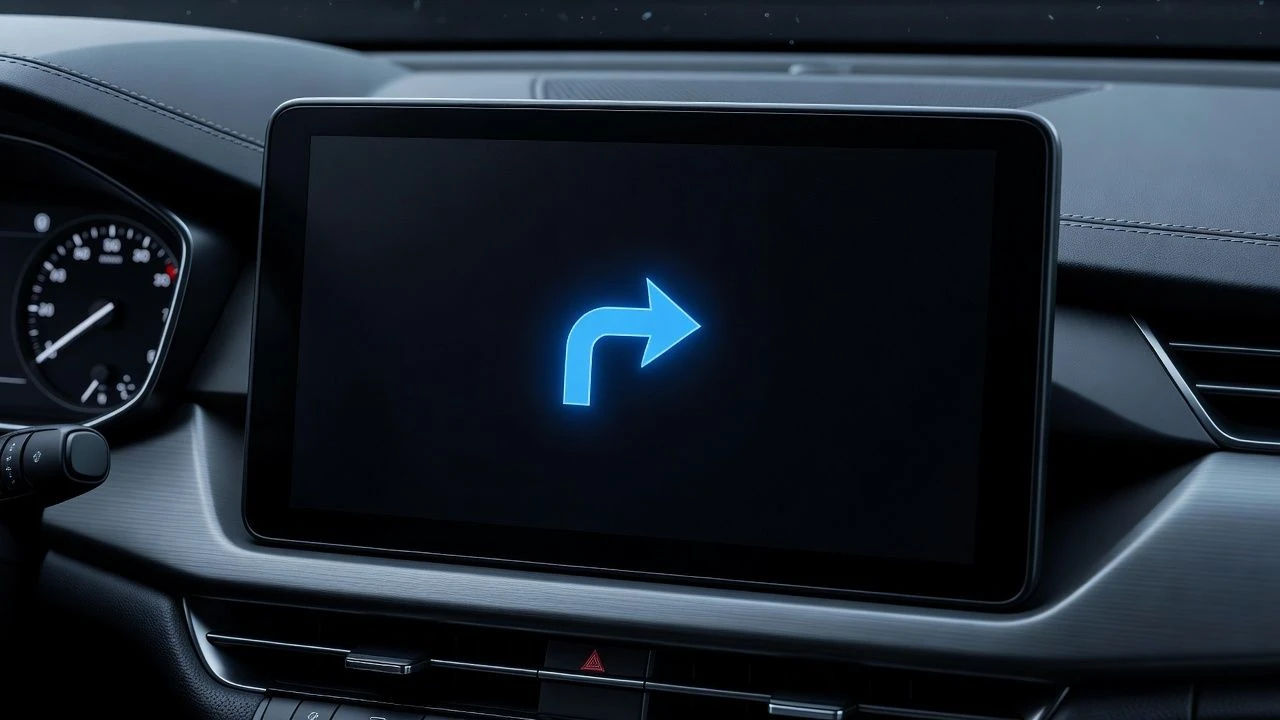 Dashboard navigation screen showing an upcoming turn