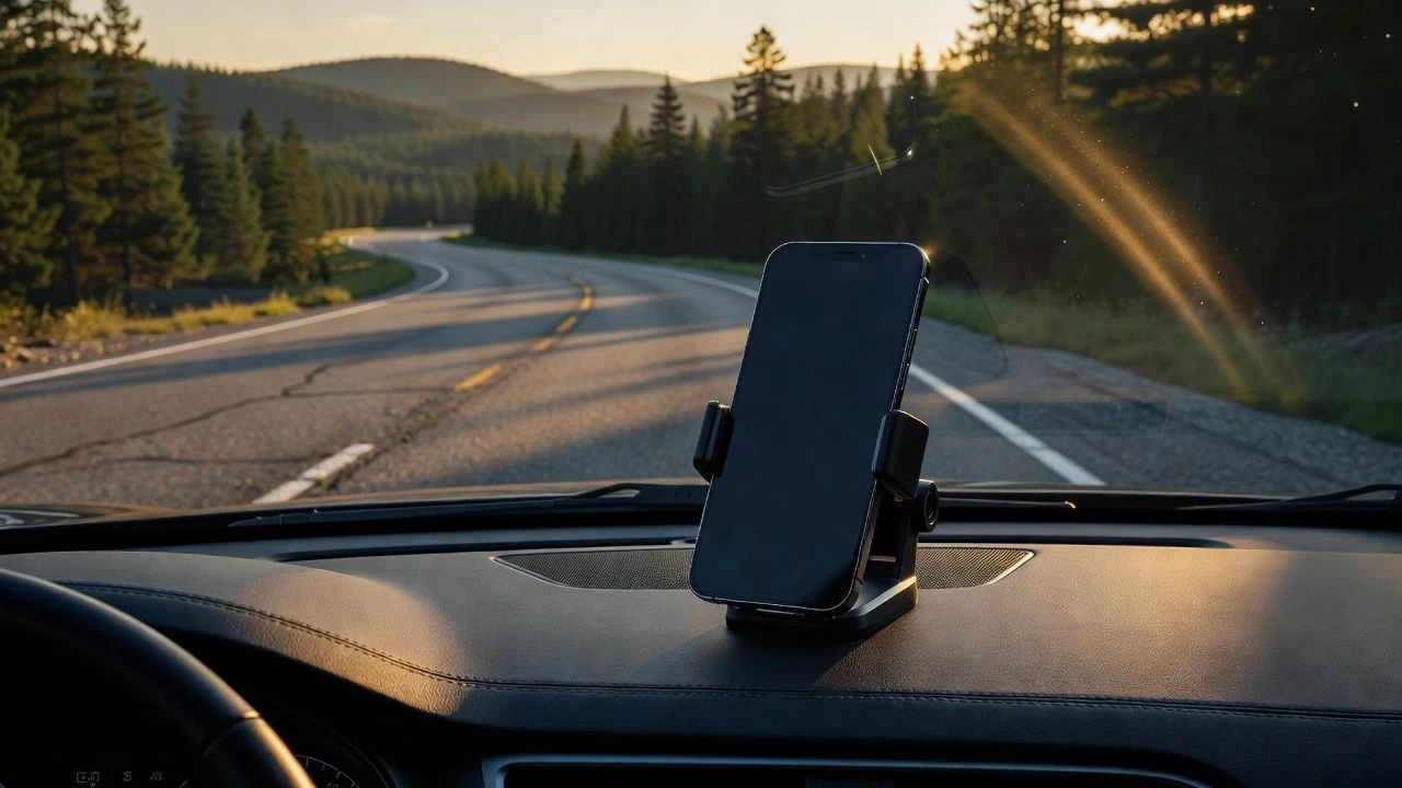 Phone mounted on a dashboard with a route highlighted