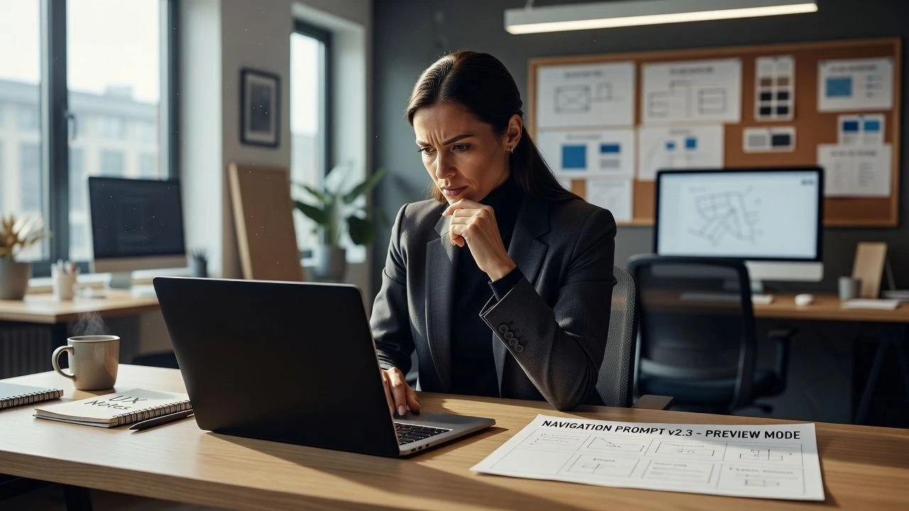 Designer previewing a navigation prompt on a laptop