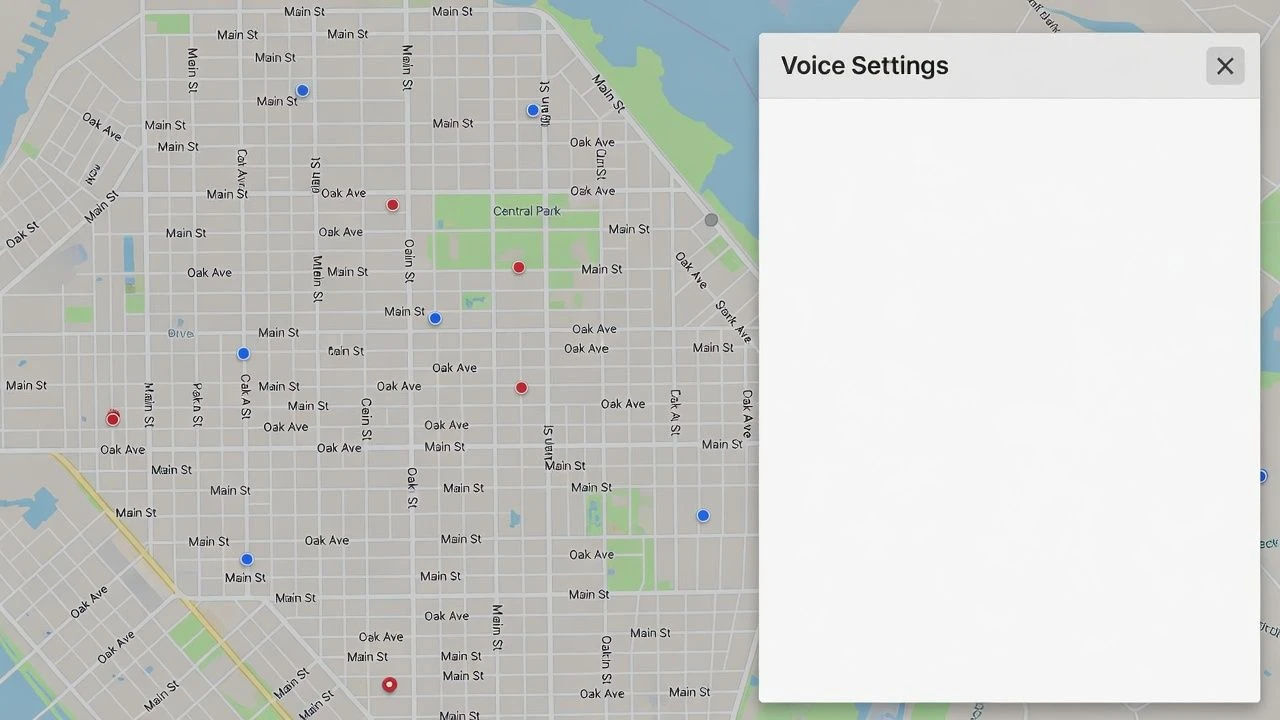 Map interface with a voice settings panel open