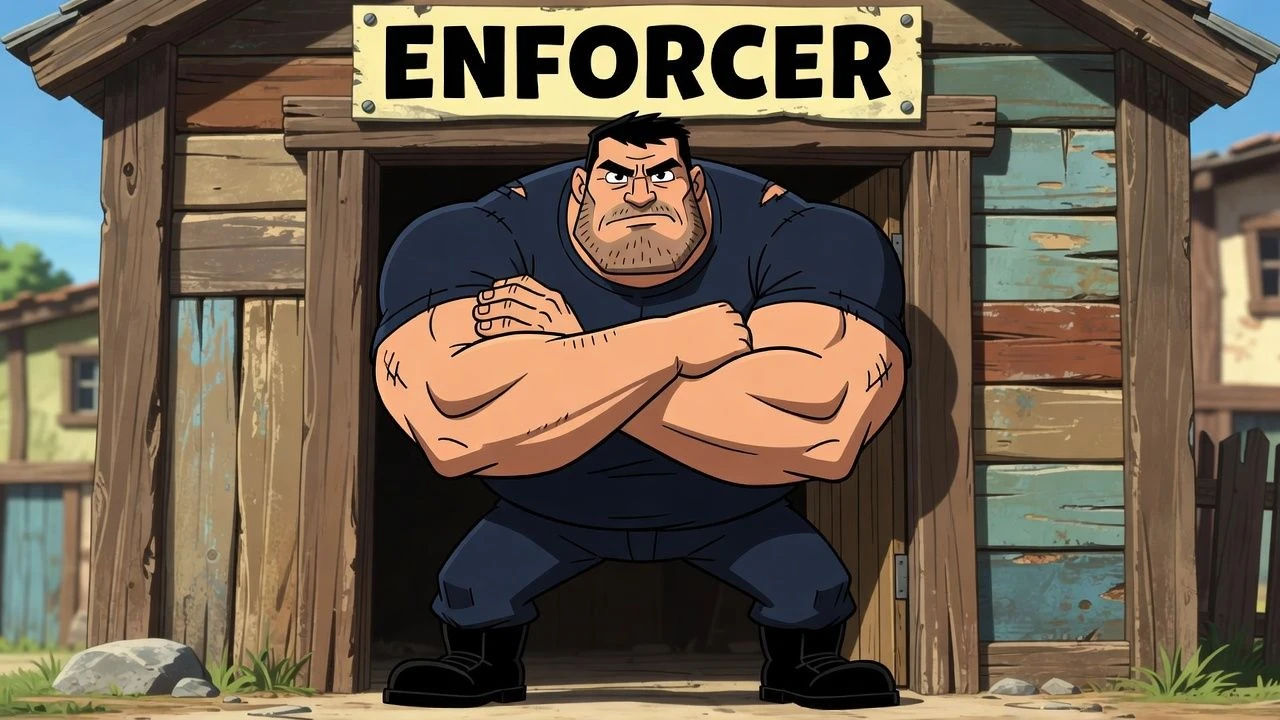 Broad cartoon enforcer blocking a doorway with folded arms