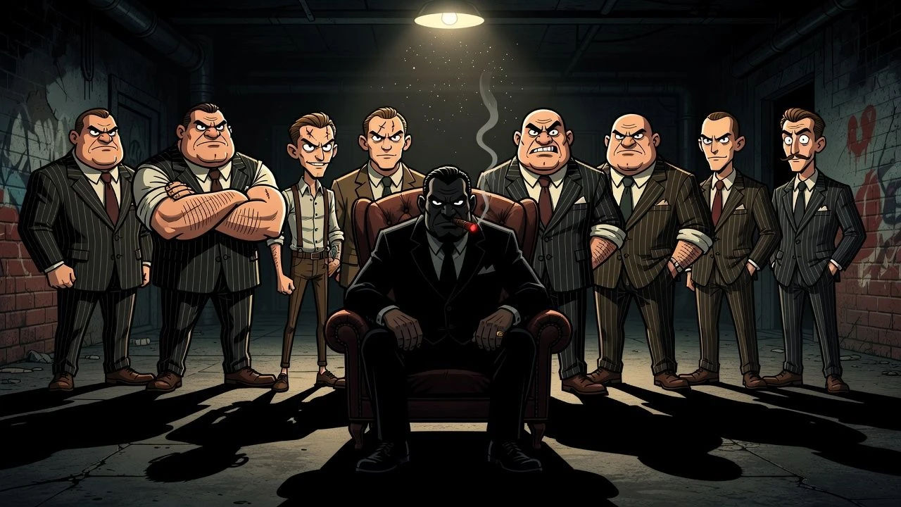 Line of cartoon thugs standing behind a shadowy boss