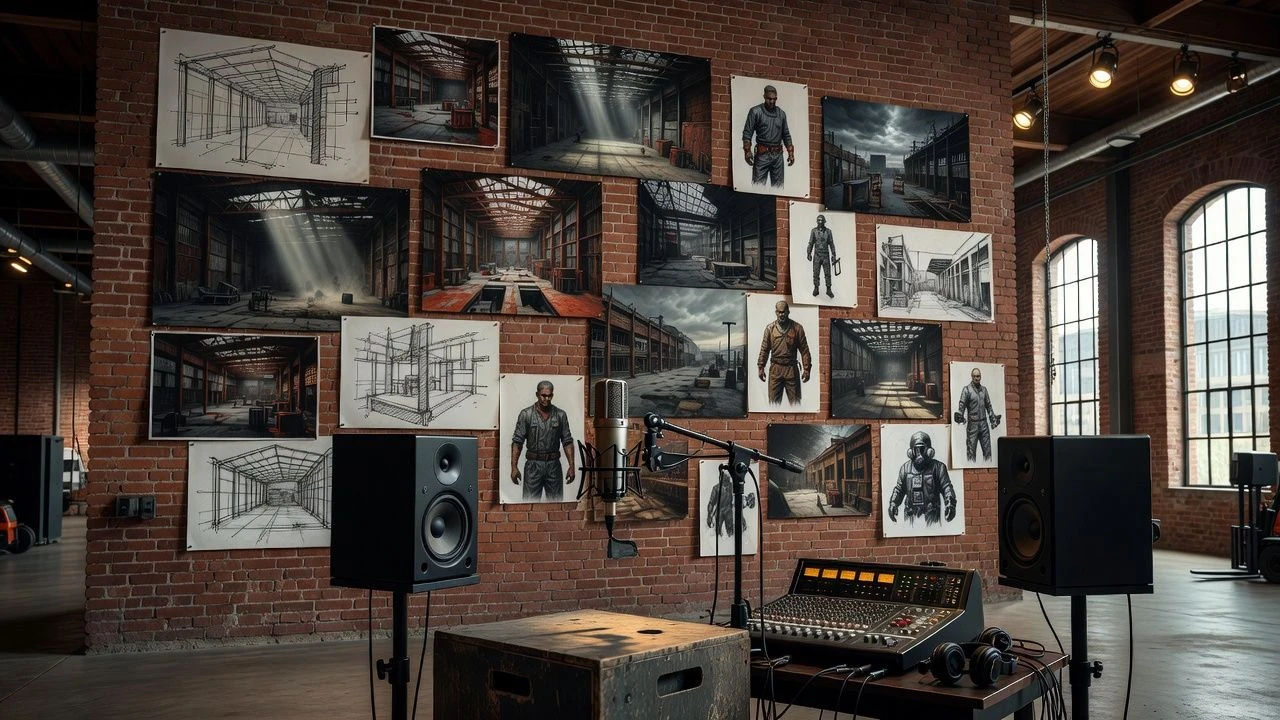 Recording setup with warehouse concept art on the wall