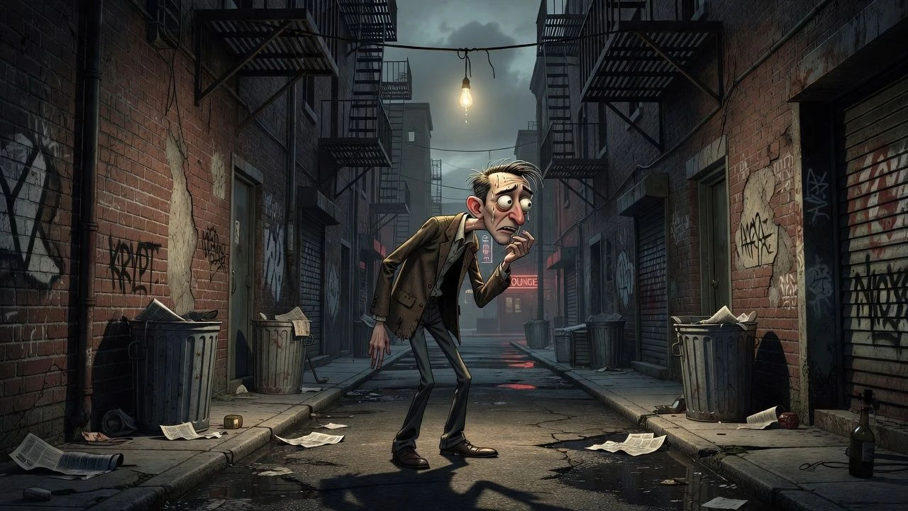 Nervous cartoon flunky glancing over his shoulder in an alley