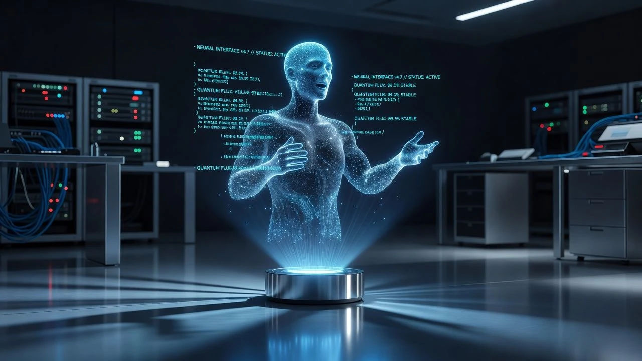 Glowing blue holographic figure speaking above a projector base