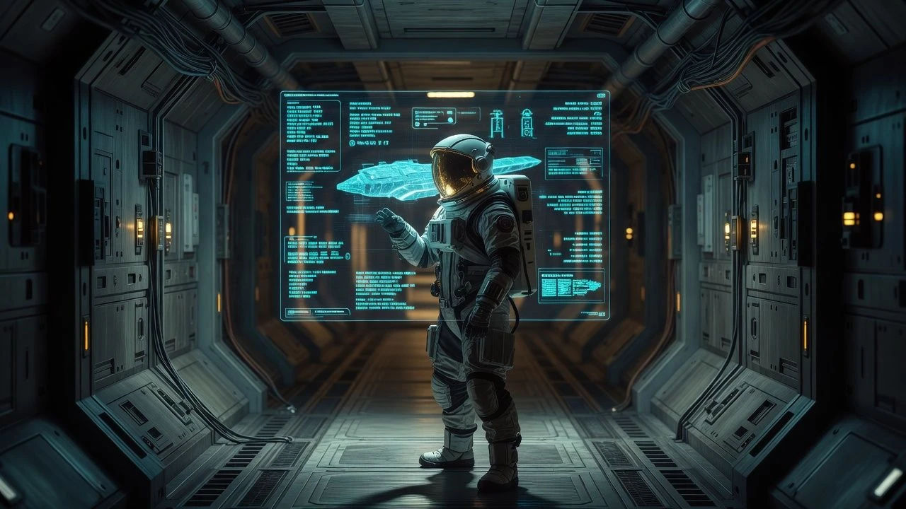 Astronaut facing a translucent hologram in a dark ship corridor