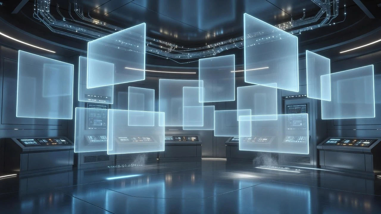 Futuristic control room with floating holographic text panels