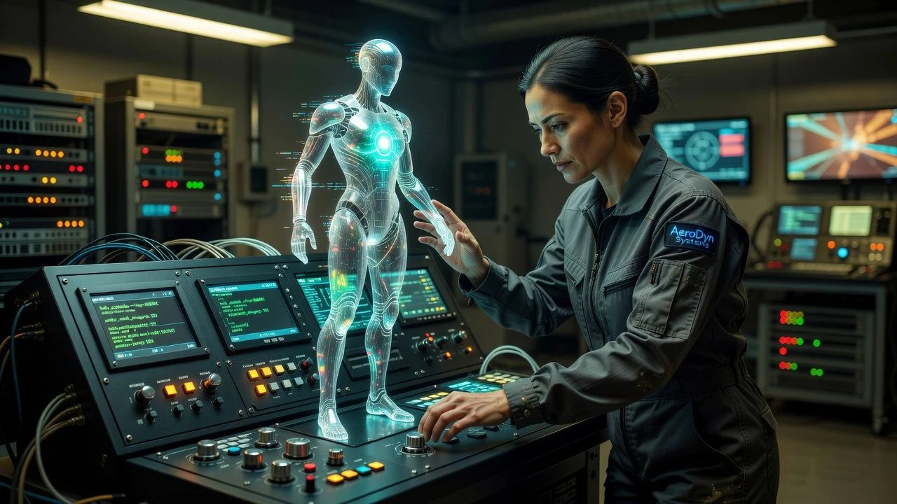 Engineer adjusting a shimmering holographic avatar on a console