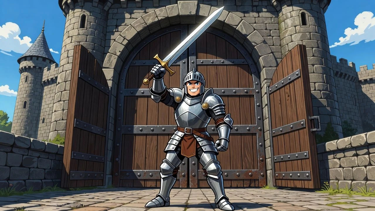 Cartoon armored knight raising a sword before a castle gate
