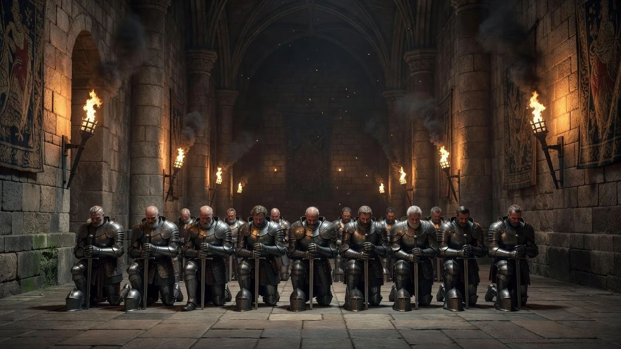 Row of knights kneeling in a torchlit stone hall