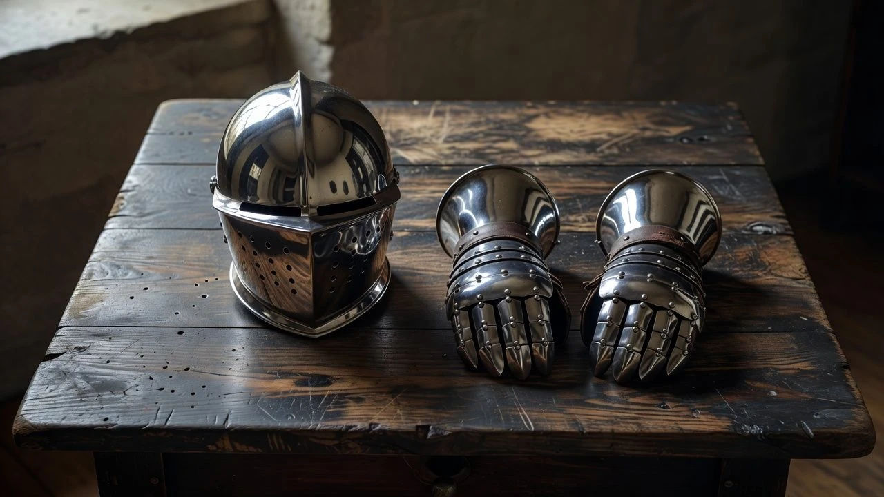 Polished helmet and gauntlets laid out on a wooden table