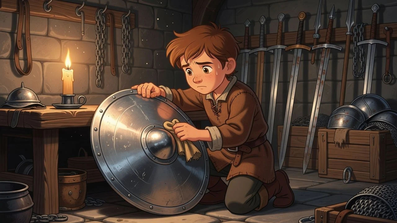 Young cartoon squire polishing a shield by candlelight