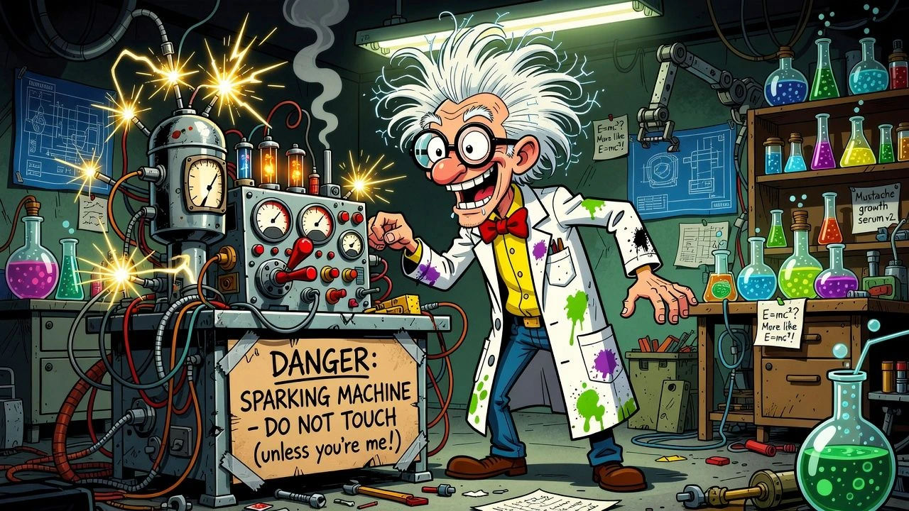 Wild-haired cartoon scientist grinning over a sparking machine