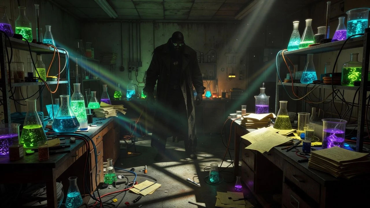 Cluttered lab full of glowing beakers and a looming figure