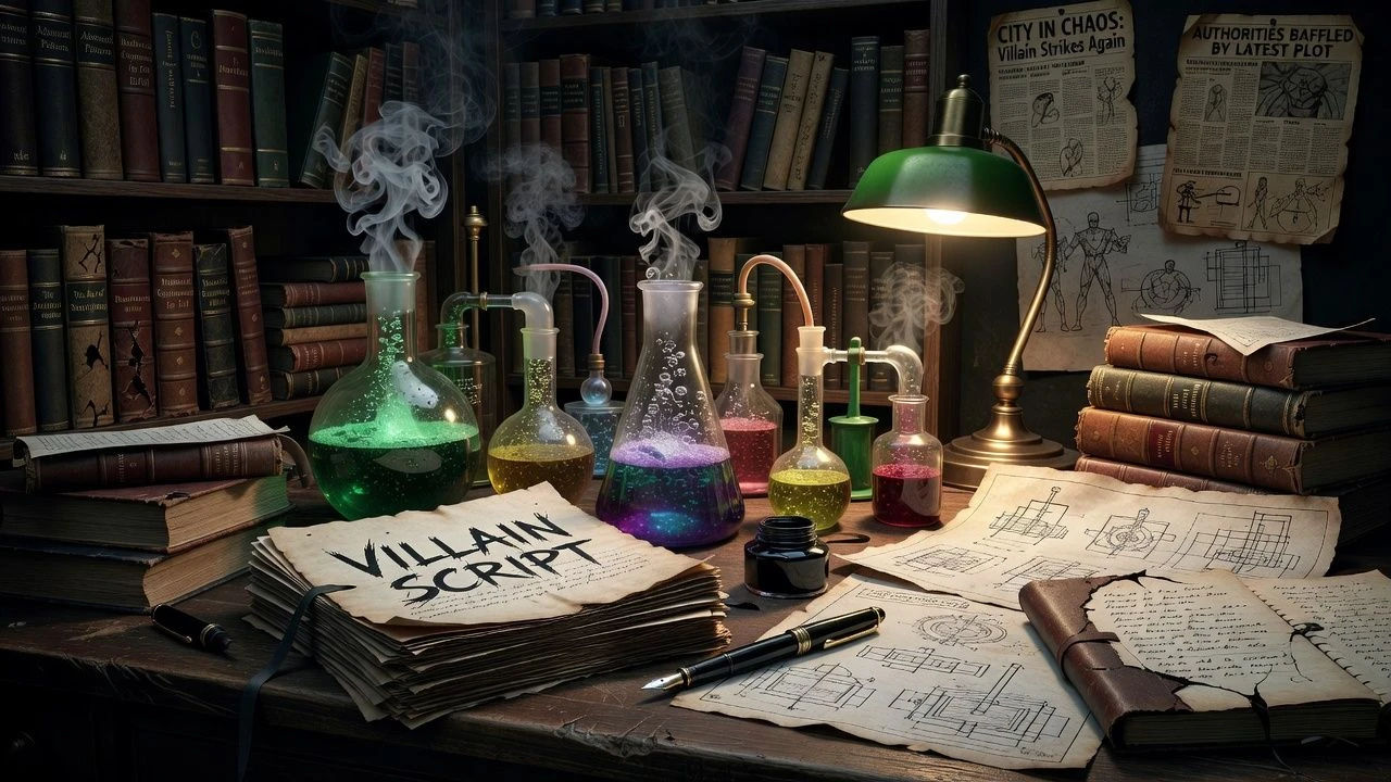 Studio desk with a villain script beside bubbling glassware